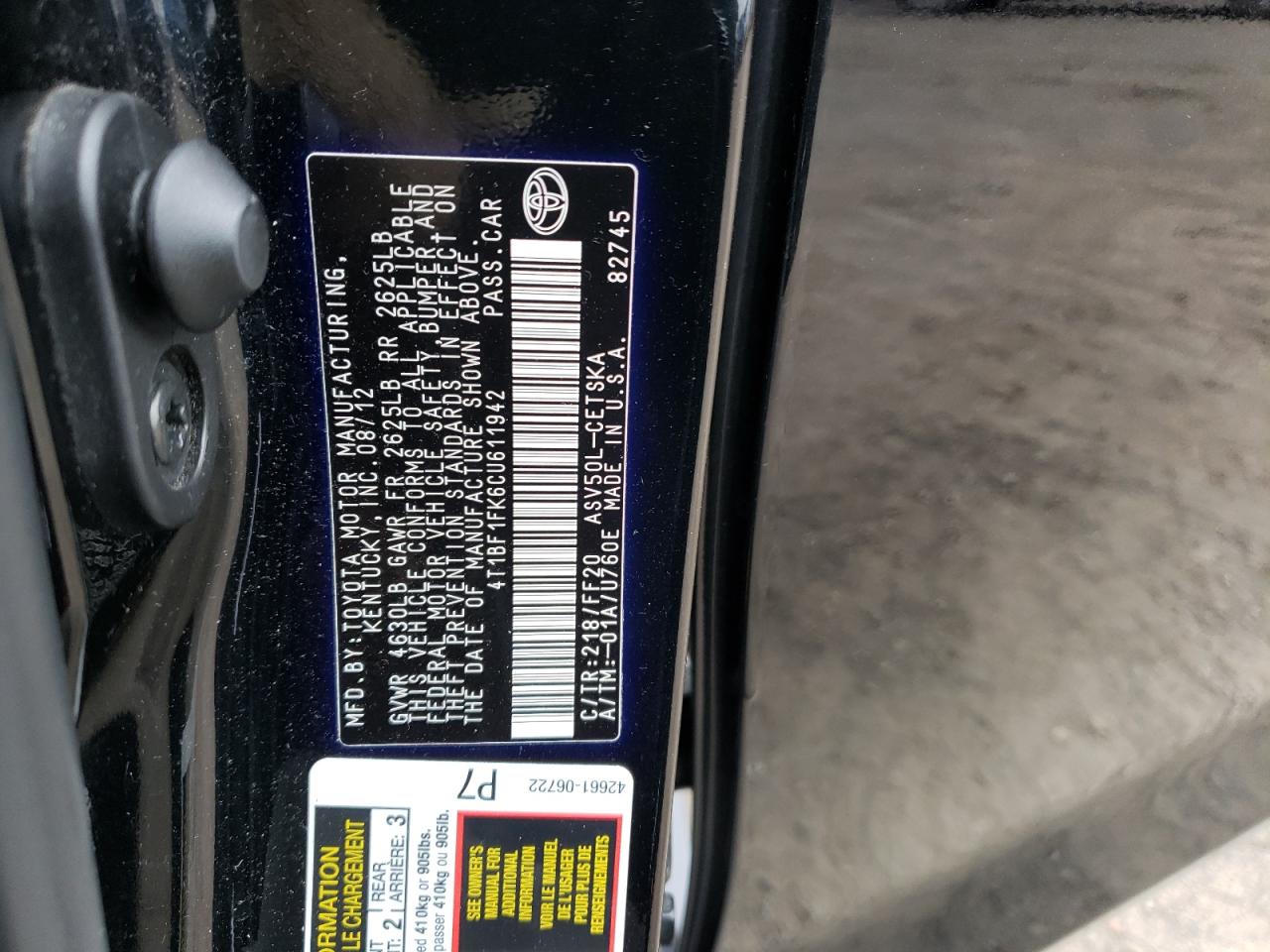 Photo 10 from auction – 2012 TOYOTA CAMRY BASE with VIN 4T1BF1FK6CU611942