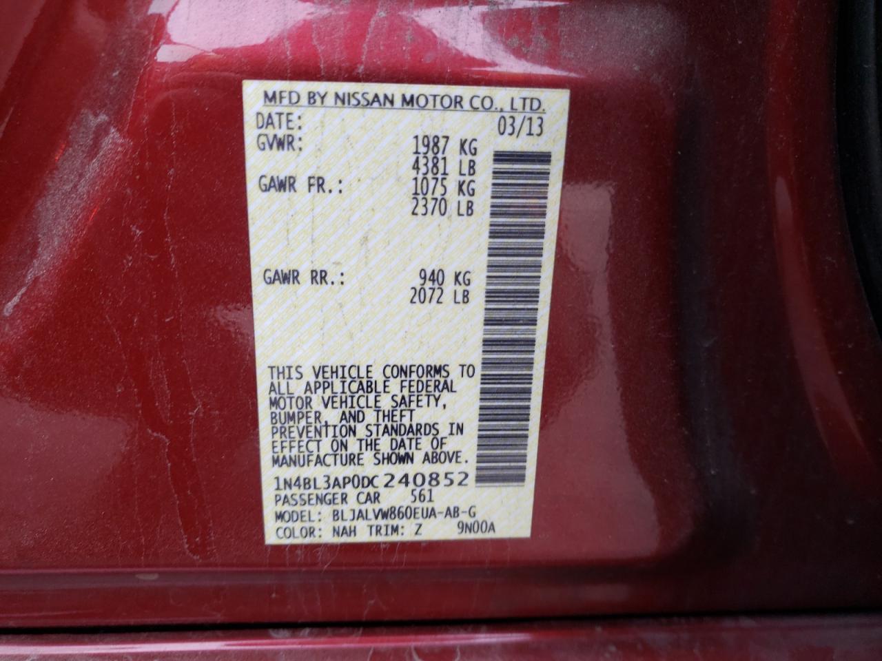 Photo 10 from auction – 2013 NISSAN ALTIMA 3.5 with VIN 1N4BL3AP0DC240852