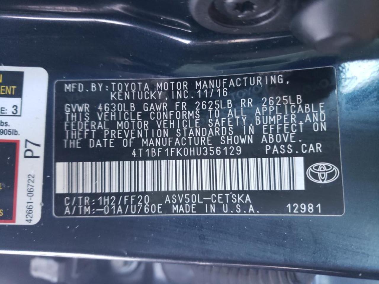 Photo 10 from auction – 2017 TOYOTA CAMRY LE with VIN 4T1BF1FK0HU356129