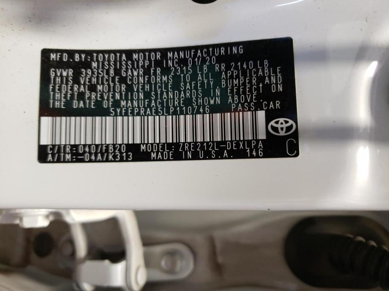 Photo 10 from auction – 2020 TOYOTA COROLLA with VIN 5YFEPRAE5LP110746