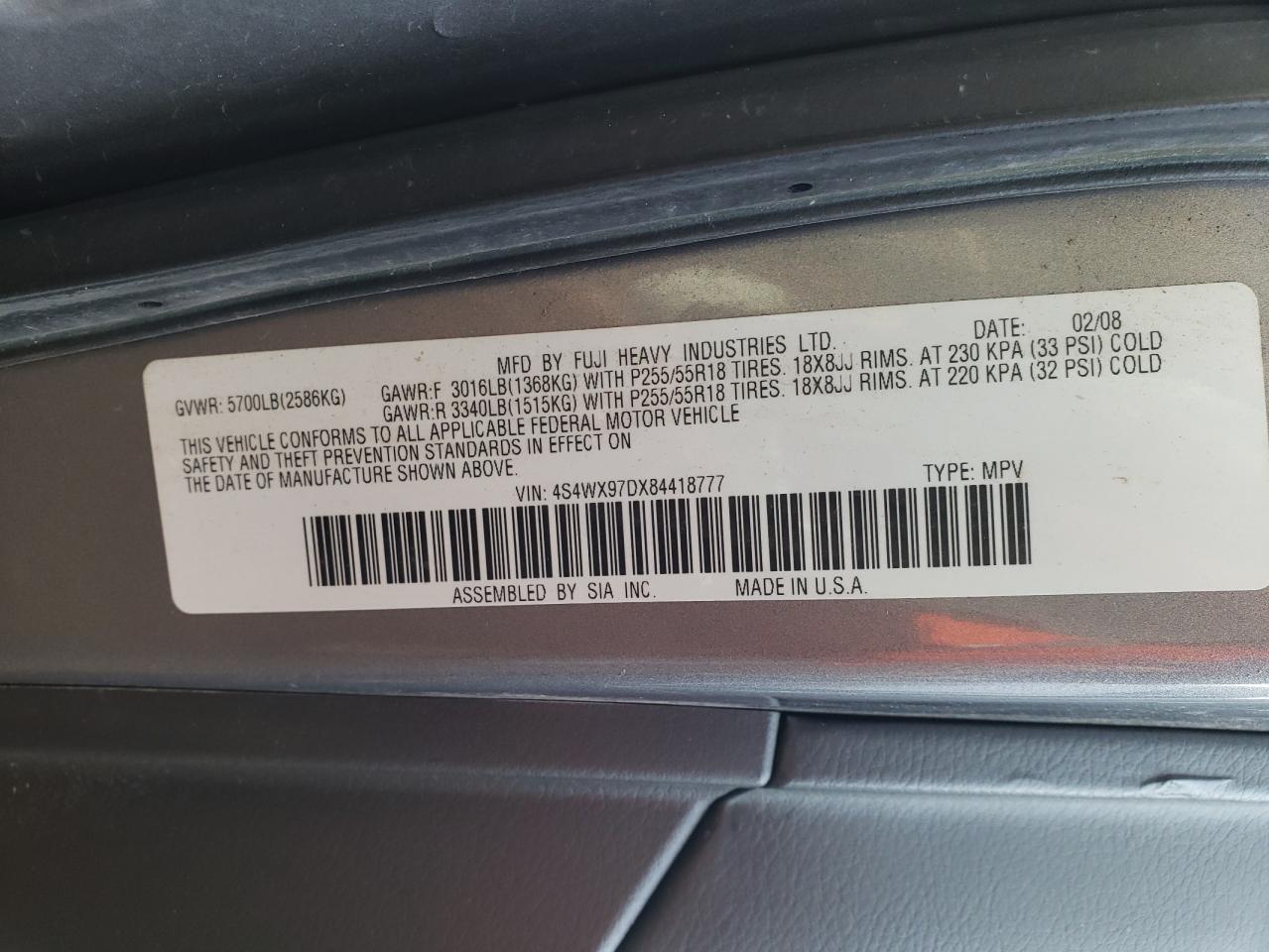 Photo 10 from auction – 2008 SUBARU TRIBECA LI with VIN 4S4WX97DX84418777