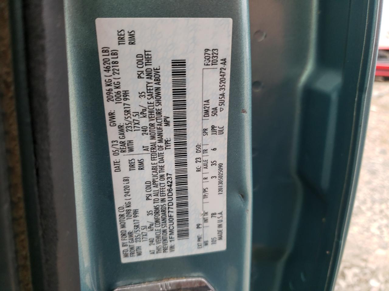 Photo 10 from auction – 2013 FORD ESCAPE S with VIN 1FMCU0F77DUD64237