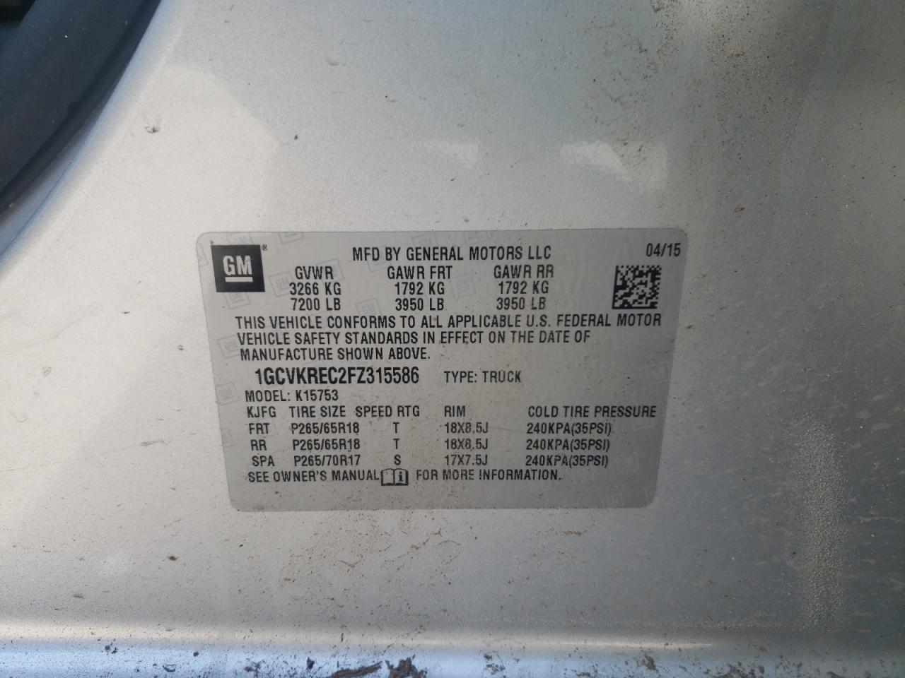 Photo 10 from auction – 2015 CHEVROLET SILVERADO with VIN 1GCVKREC2FZ315586