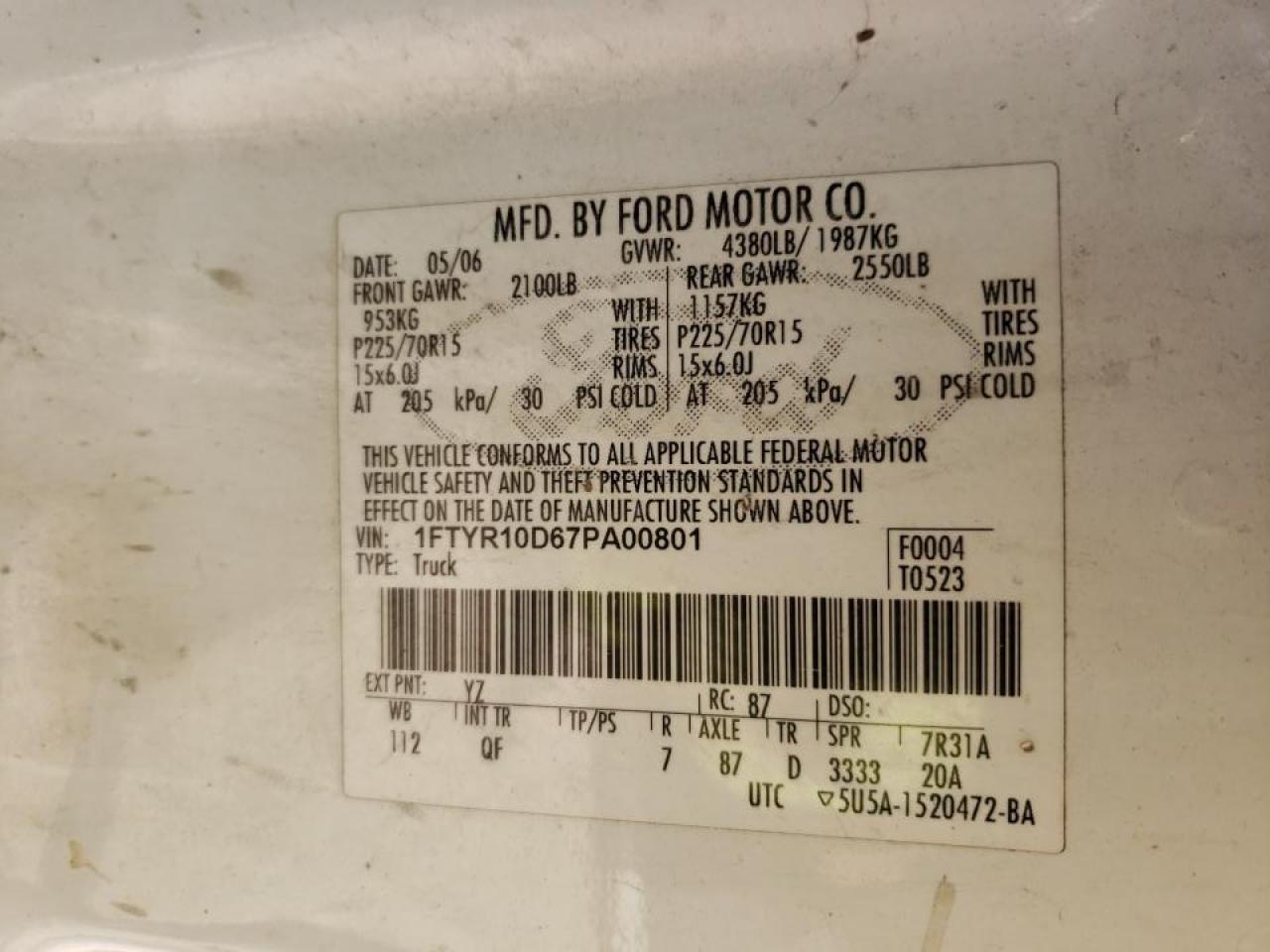 Photo 10 from auction – 2007 FORD RANGER with VIN 1FTYR10D67PA00801