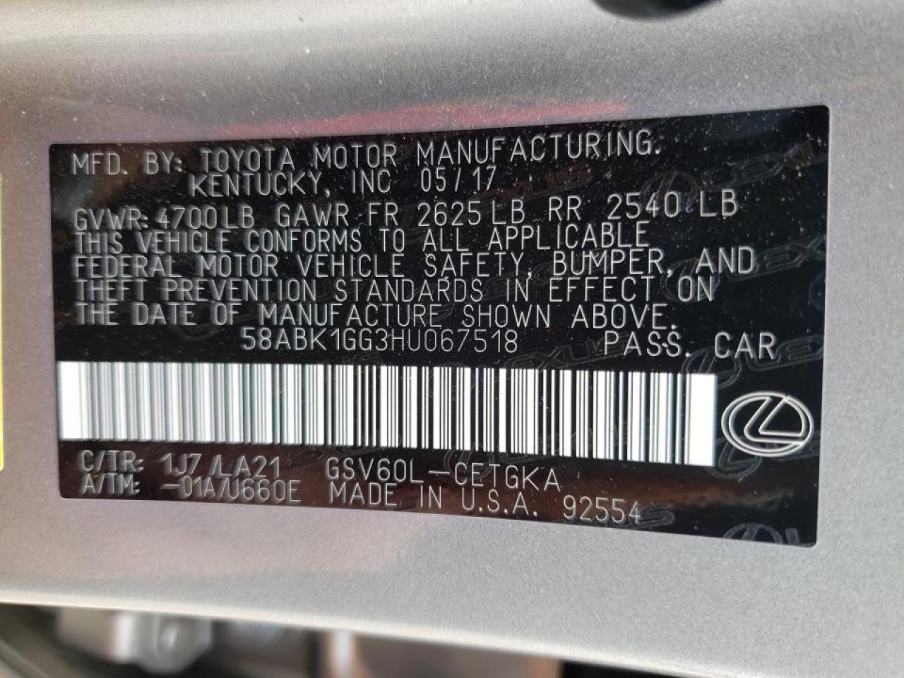 Photo 10 from auction – 2017 LEXUS ES 350 with VIN 58ABK1GG3HU067518