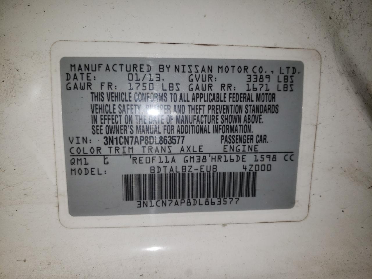 Photo 10 from auction – 2013 NISSAN VERSA S with VIN 3N1CN7AP8DL863577
