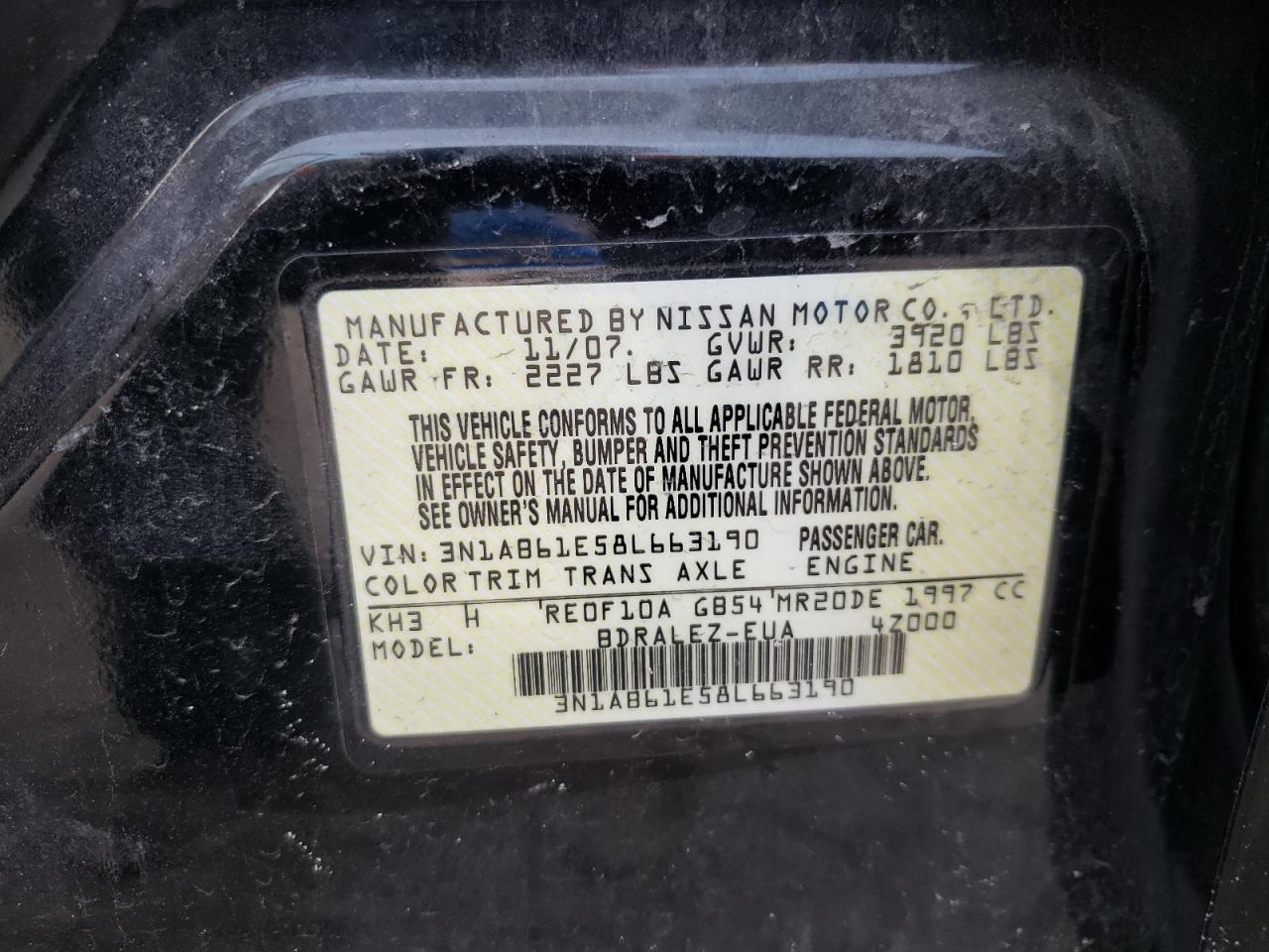 Photo 10 from auction – 2008 NISSAN SENTRA with VIN 3N1AB61E58L663190