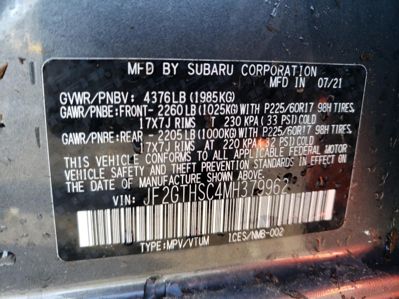 Photo 10 from auction – 2021 SUBARU CROSSTREK with VIN JF2GTHSC4MH379962