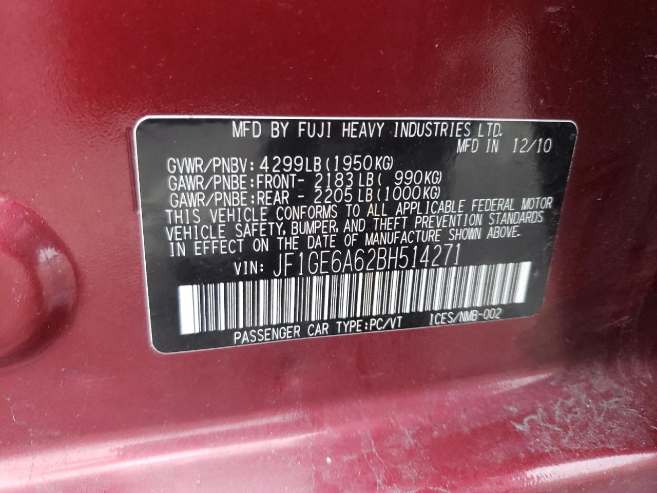 Photo 10 from auction – 2011 SUBARU IMPREZA 2. with VIN JF1GE6A62BH514271