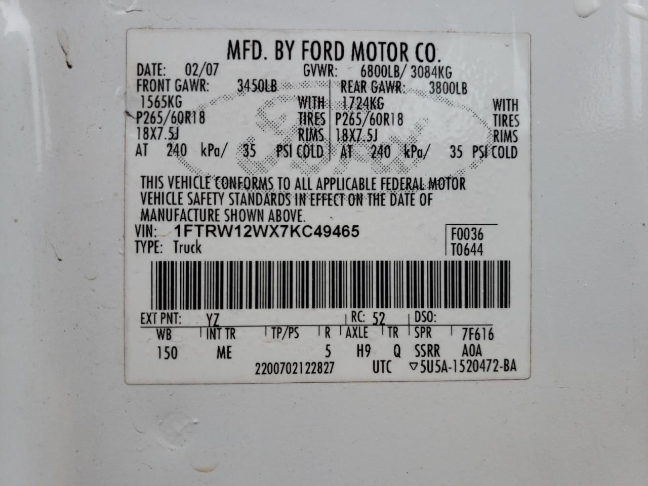 Photo 10 from auction – 2007 FORD F150 SUPER with VIN 1FTRW12WX7KC49465