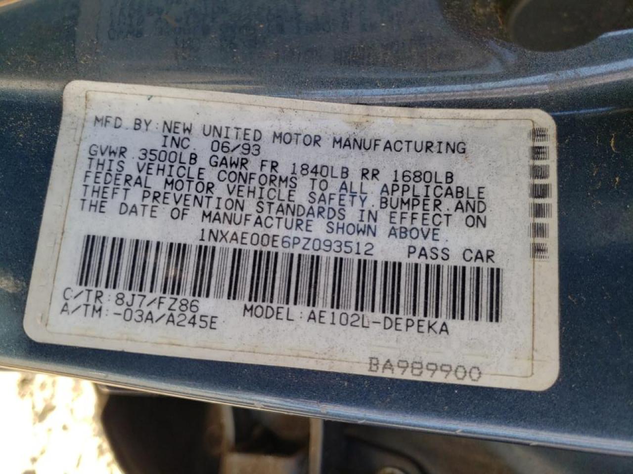 Photo 10 from auction – 1993 TOYOTA COROLLA LE with VIN 1NXAE00E6PZ093512