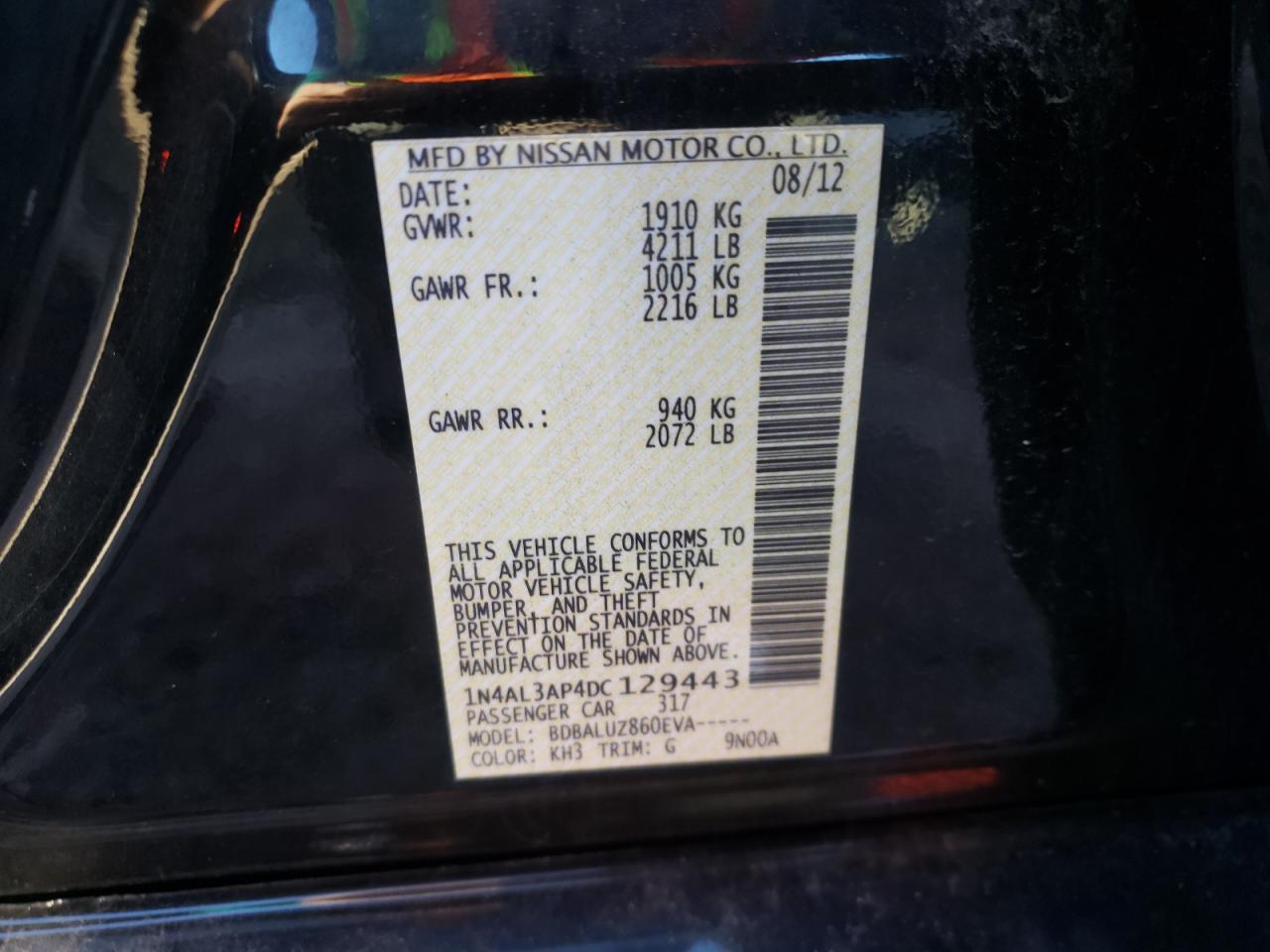 Photo 10 from auction – 2013 NISSAN ALTIMA 2.5 with VIN 1N4AL3AP4DC129443