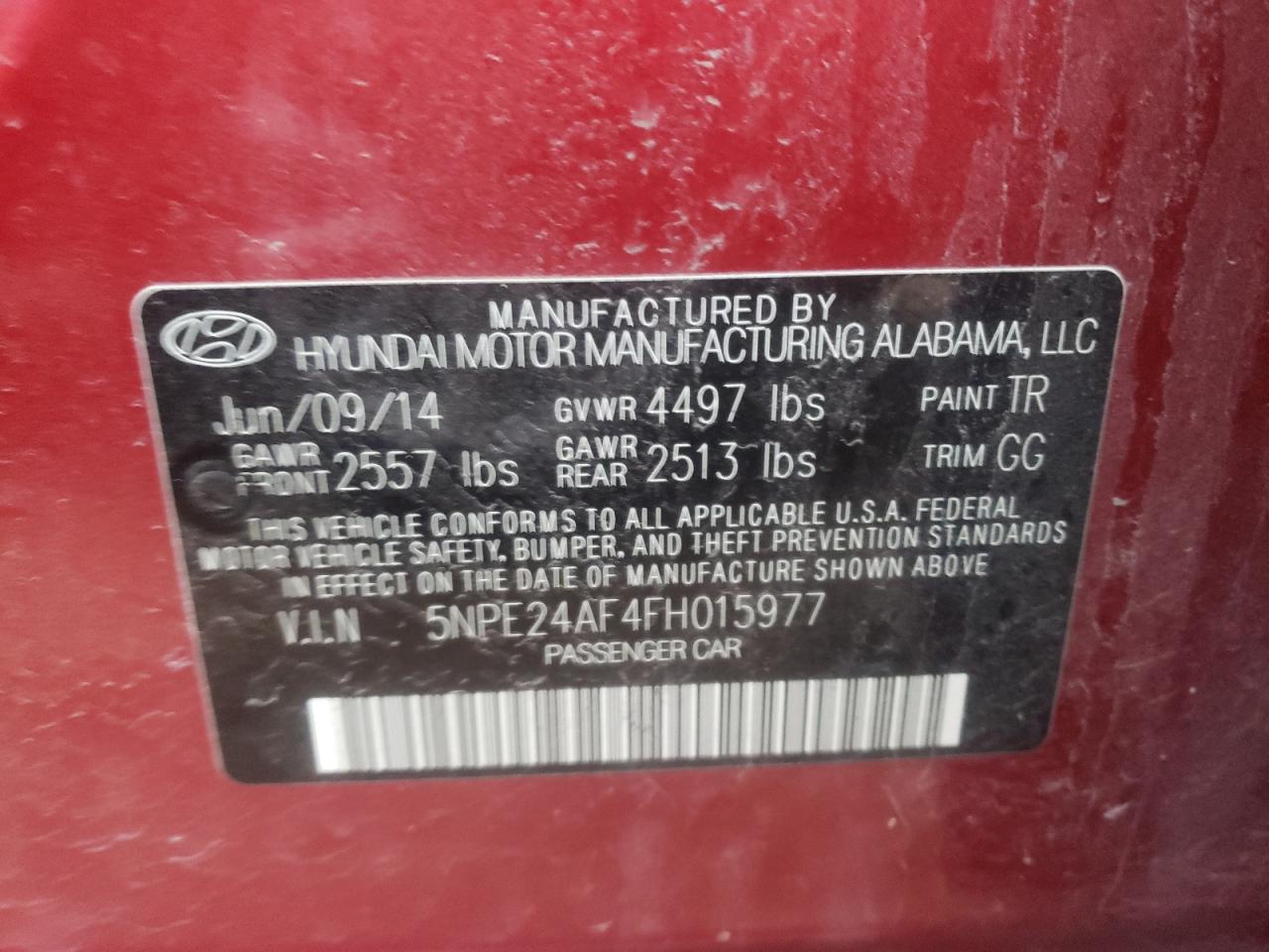 Photo 10 from auction – 2015 HYUNDAI SONATA SE with VIN 5NPE24AF4FH015977