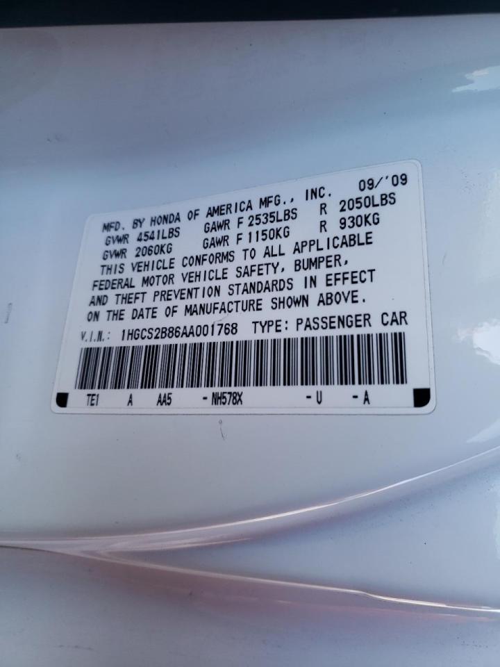 Photo 10 from auction – 2010 HONDA ACCORD EXL with VIN 1HGCS2B86AA001768