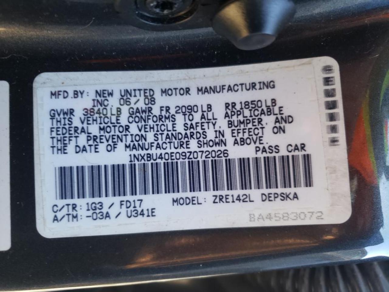 Photo 10 from auction – 2009 TOYOTA COROLLA BA with VIN 1NXBU40E09Z072026