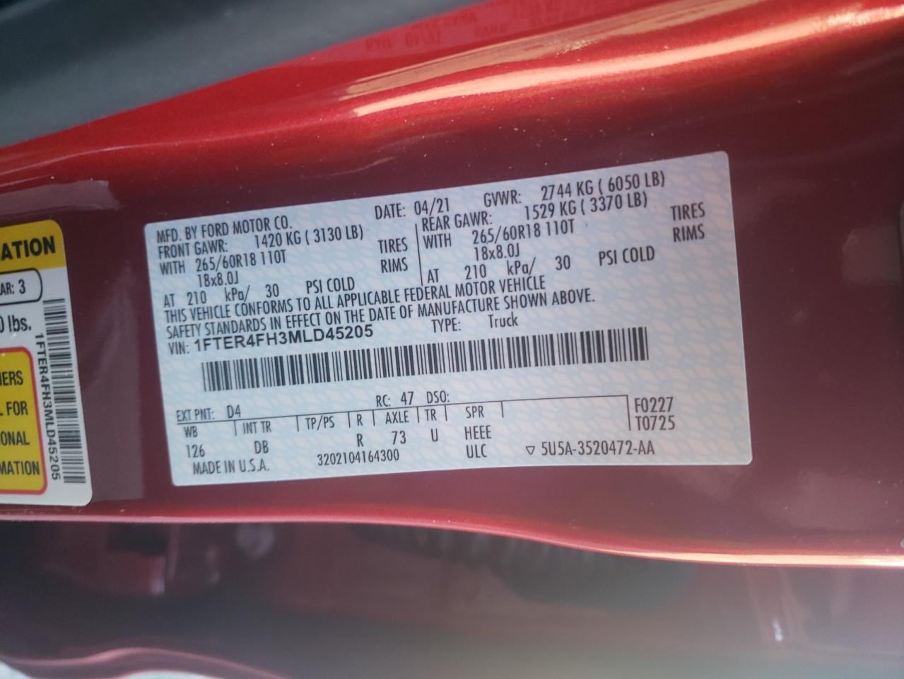 Photo 10 from auction – 2021 FORD RANGER XL with VIN 1FTER4FH3MLD45205