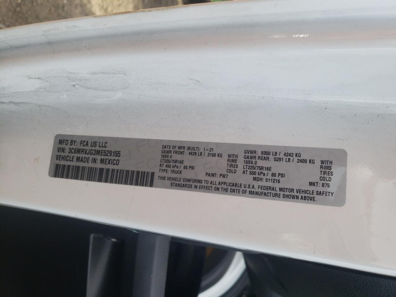 Photo 10 from auction – 2021 RAM PROMASTER with VIN 3C6MRVJG3ME529155