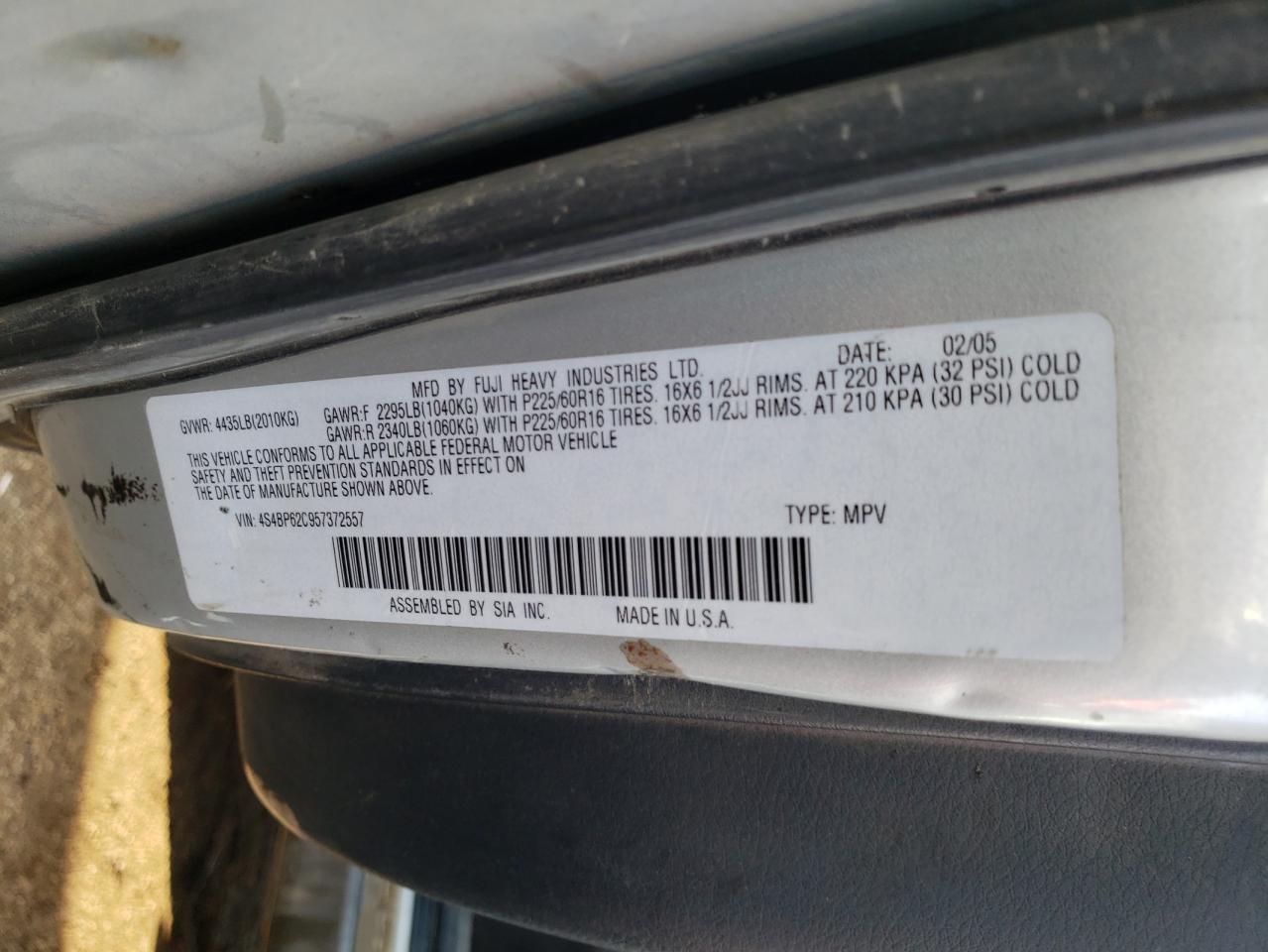 Photo 10 from auction – 2005 SUBARU OUTBACK with VIN 4S4BP62C957372557