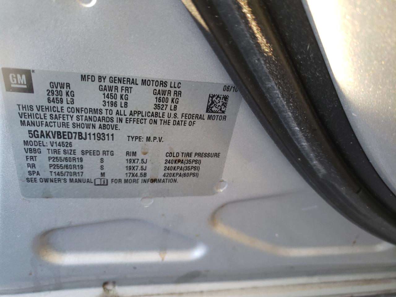 Photo 10 from auction – 2011 BUICK ENCLAVE CX with VIN 5GAKVBED7BJ119311