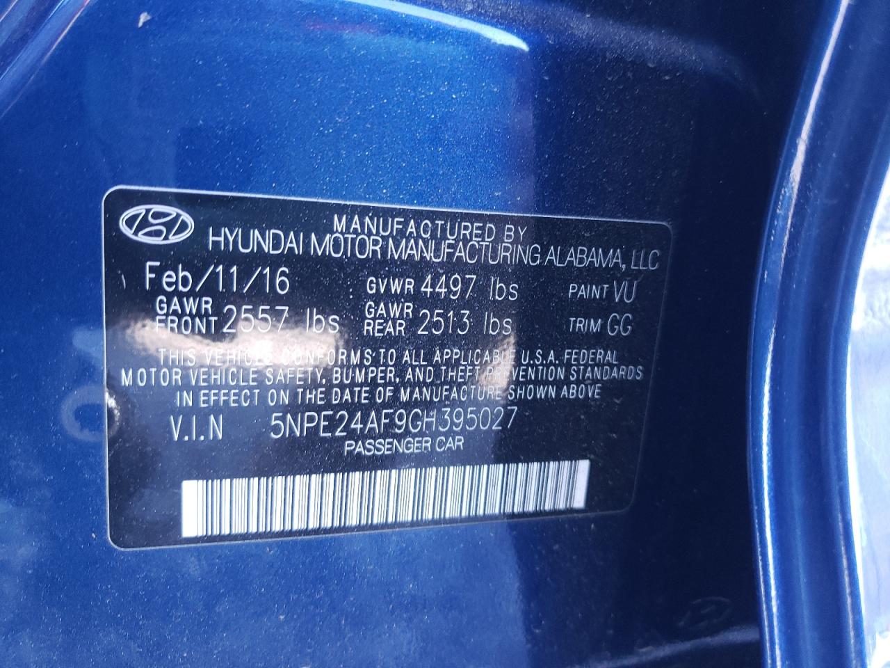 Photo 10 from auction – 2016 HYUNDAI SONATA SE with VIN 5NPE24AF9GH395027