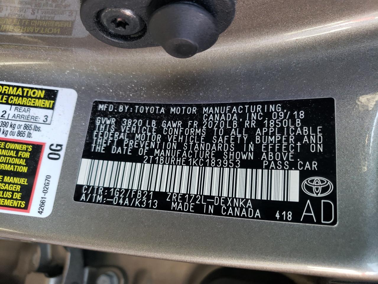 Photo 10 from auction – 2019 TOYOTA COROLLA L with VIN 2T1BURHE1KC183953