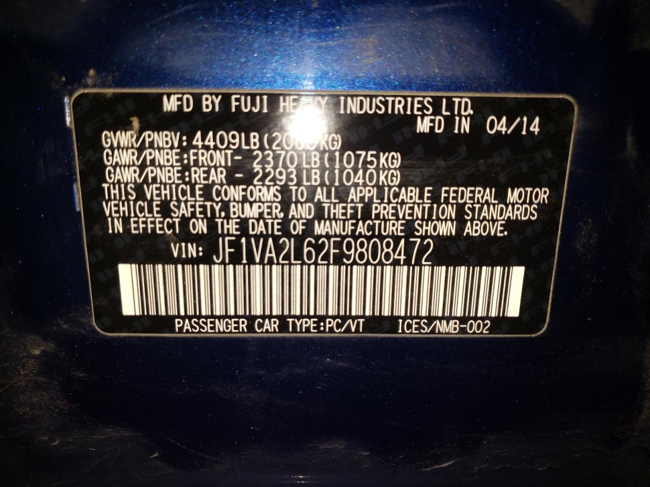 Photo 10 from auction – 2015 SUBARU WRX STI with VIN JF1VA2L62F9808472