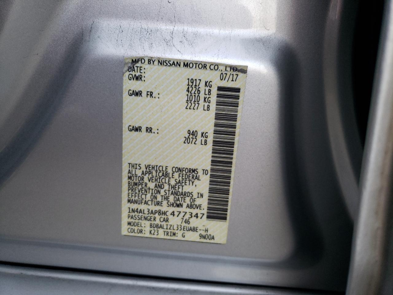 Photo 10 from auction – 2017 NISSAN ALTIMA 2.5 with VIN 1N4AL3AP8HC477347
