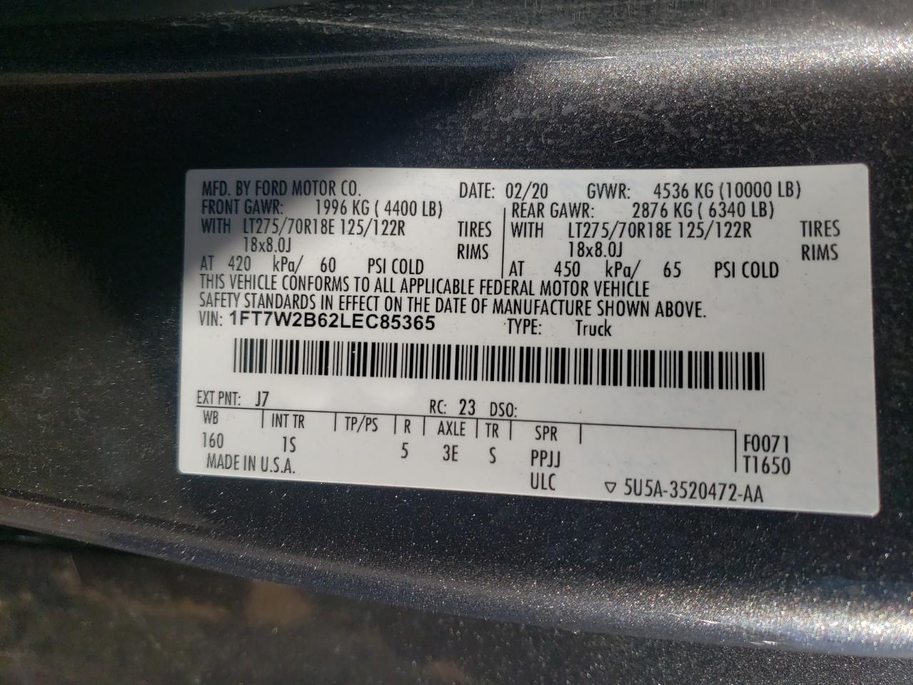 Photo 10 from auction – 2020 FORD F250 SUPER with VIN 1FT7W2B62LEC85365