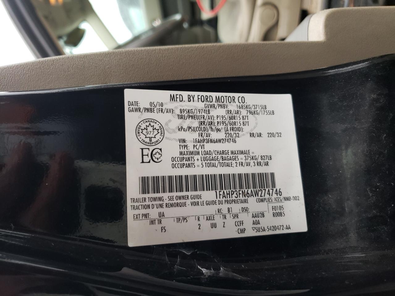 Photo 10 from auction – 2010 FORD FOCUS SE with VIN 1FAHP3FN6AW274746