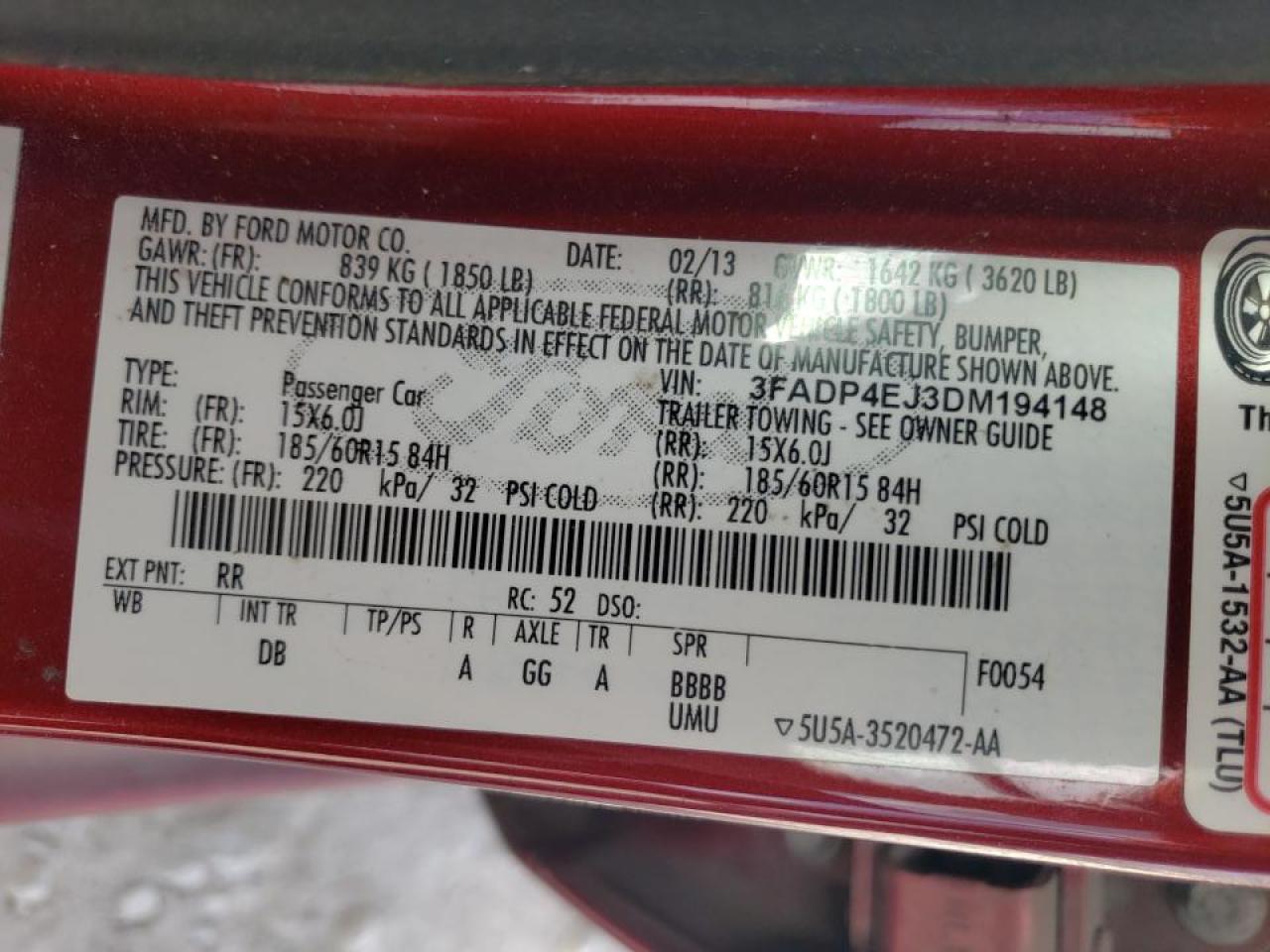 Photo 10 from auction – 2013 FORD FIESTA SE with VIN 3FADP4EJ3DM194148