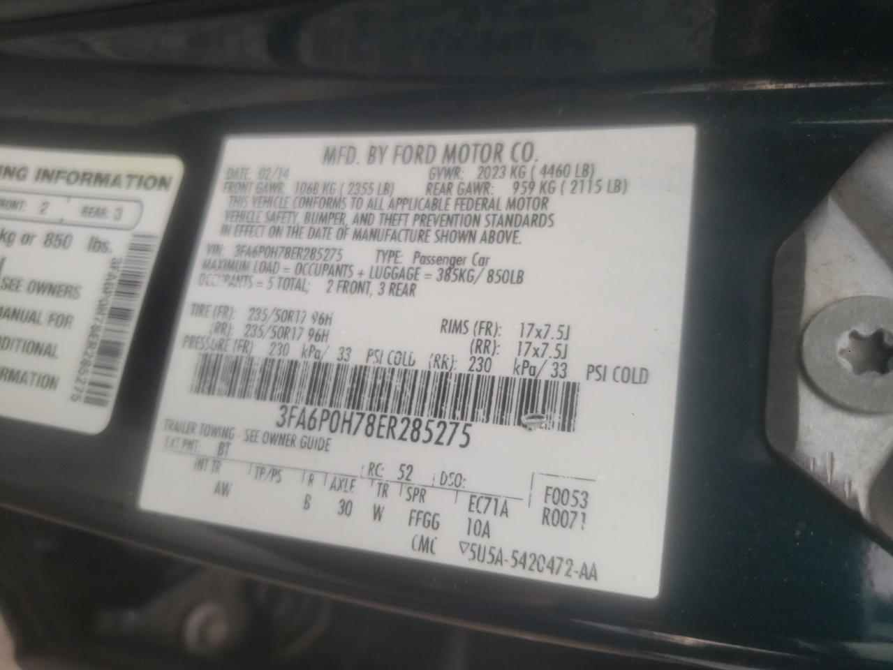 Photo 10 from auction – 2014 FORD FUSION SE with VIN 3FA6P0H78ER285275