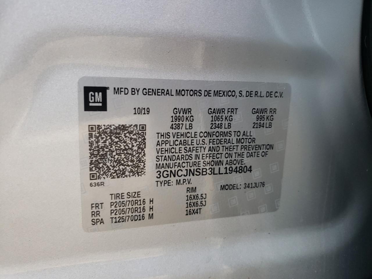 Photo 10 from auction – 2020 CHEVROLET TRAX LS with VIN 3GNCJNSB3LL194804