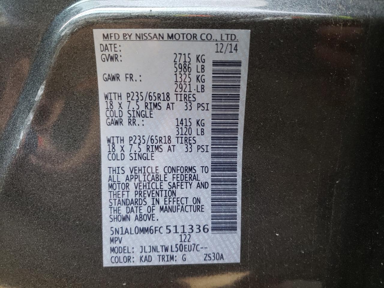Photo 10 from auction – 2015 INFINITI QX60 with VIN 5N1AL0MM6FC511336
