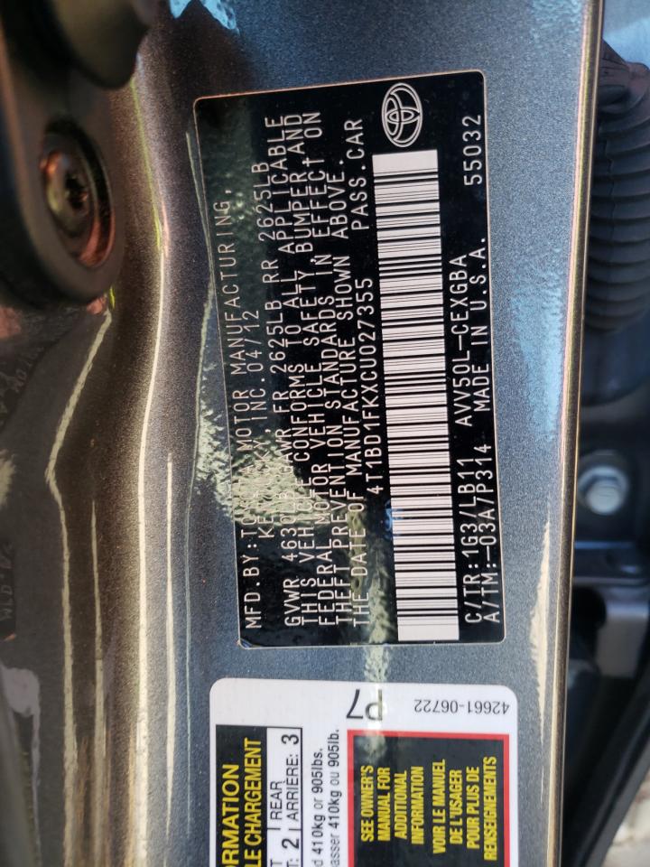 Photo 10 from auction – 2012 TOYOTA CAMRY HYBR with VIN 4T1BD1FKXCU027355