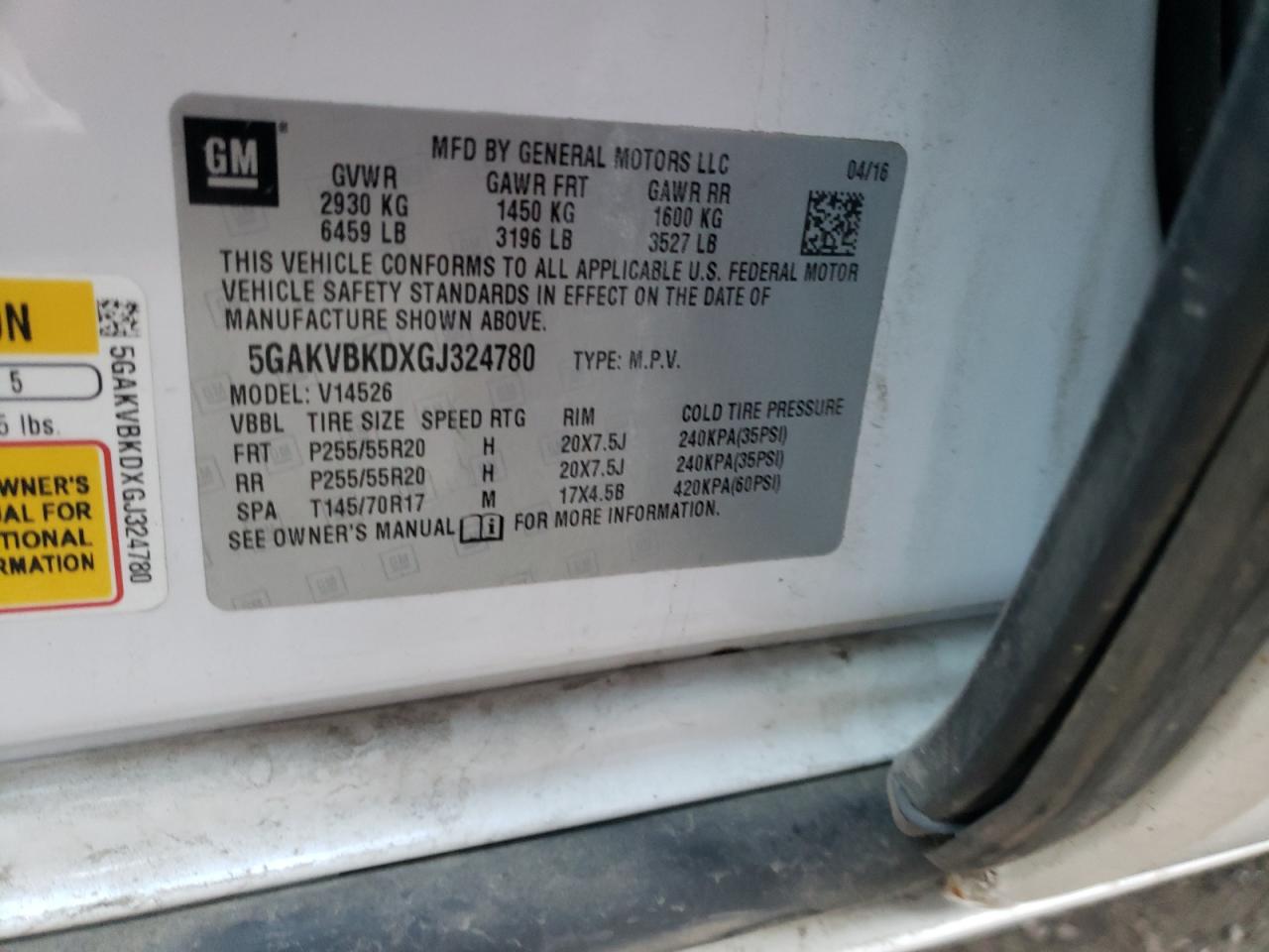 Photo 10 from auction – 2016 BUICK ENCLAVE with VIN 5GAKVBKDXGJ324780