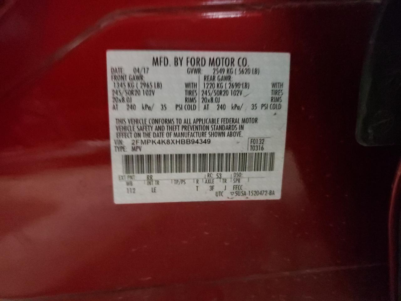 Photo 10 from auction – 2017 FORD EDGE TITAN with VIN 2FMPK4K8XHBB94349