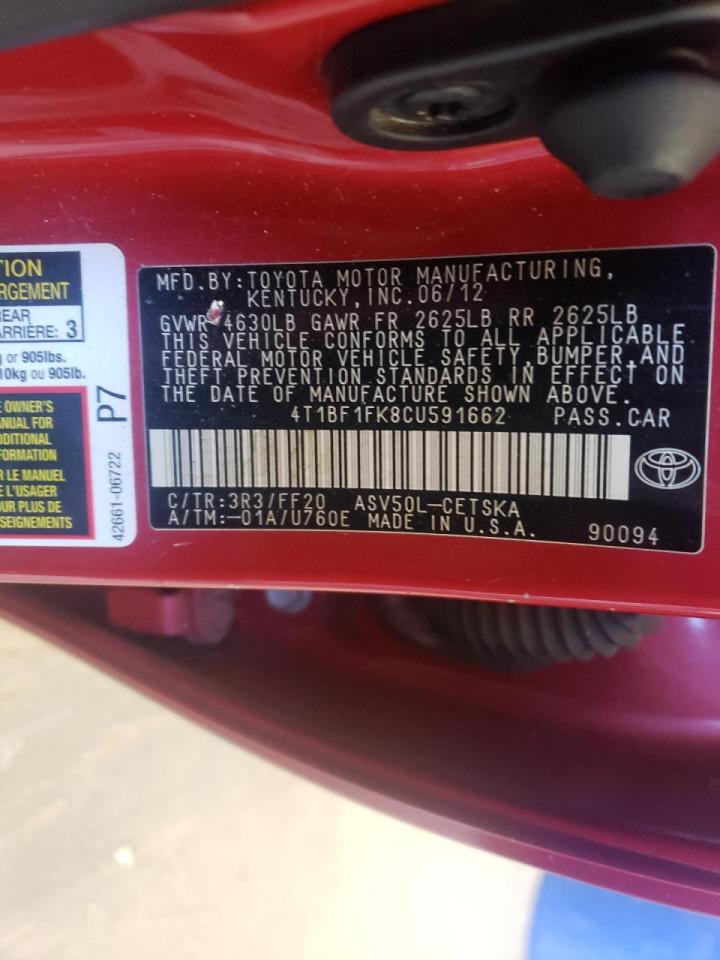 Photo 10 from auction – 2012 TOYOTA CAMRY BASE with VIN 4T1BF1FK8CU591662