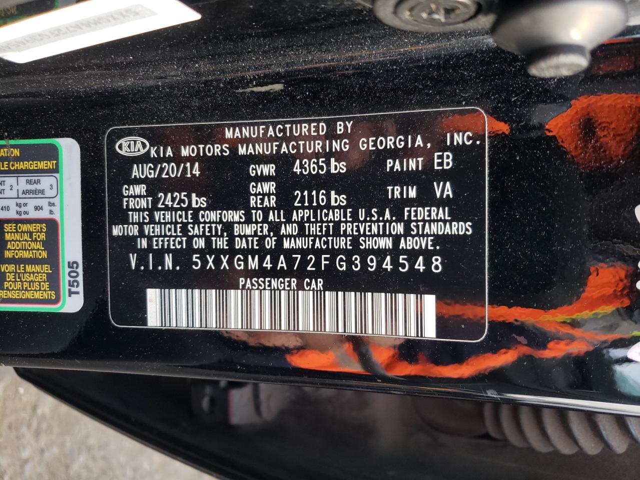Photo 10 from auction – 2015 KIA OPTIMA with VIN 5XXGM4A72FG394548