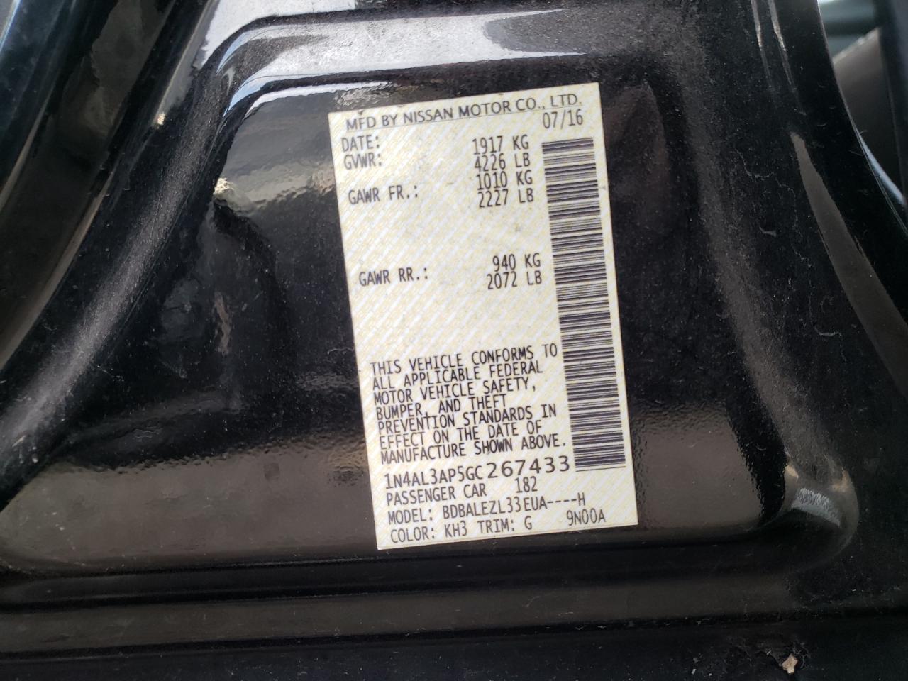 Photo 10 from auction – 2016 NISSAN ALTIMA 2.5 with VIN 1N4AL3AP5GC267433