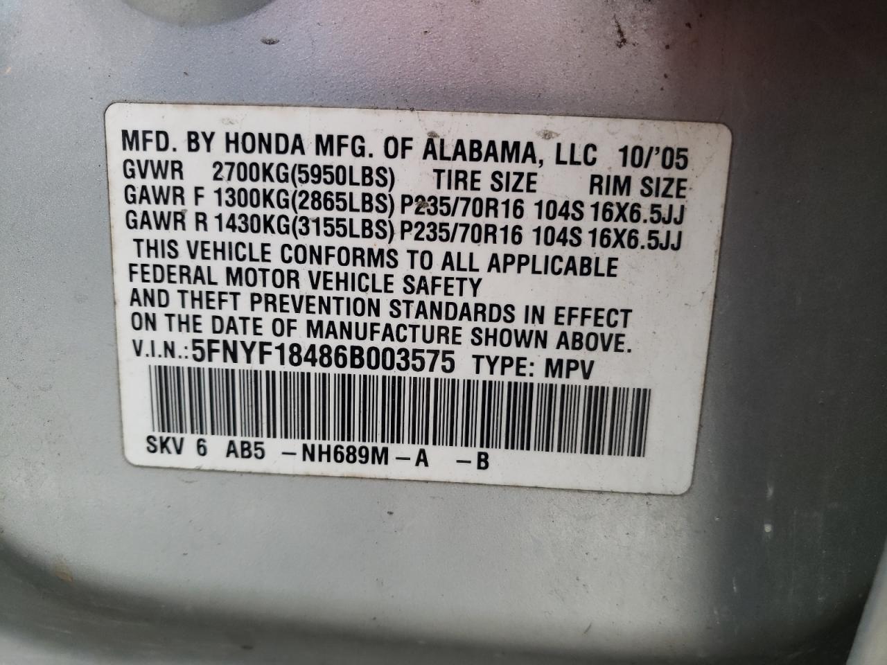 Photo 10 from auction – 2006 HONDA PILOT EX with VIN 5FNYF18486B003575