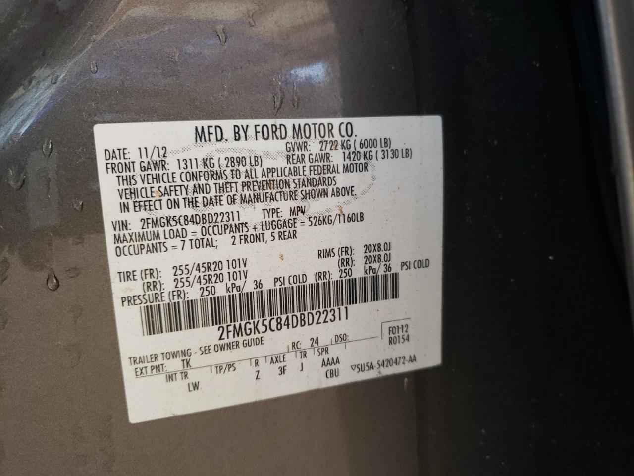 Photo 10 from auction – 2013 FORD FLEX SEL with VIN 2FMGK5C84DBD22311