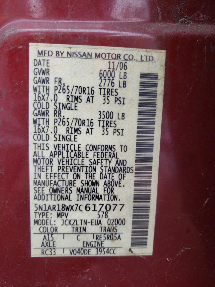Photo 10 from auction – 2007 NISSAN PATHFINDER with VIN 5N1AR18WX7C617077