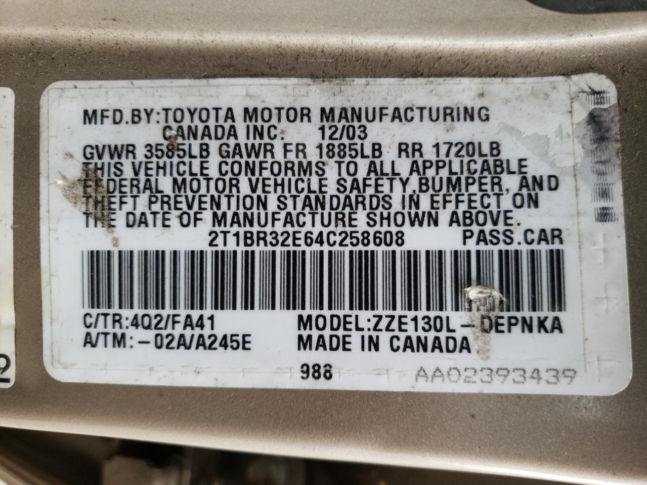Photo 10 from auction – 2004 TOYOTA COROLLA with VIN 2T1BR32E64C258608