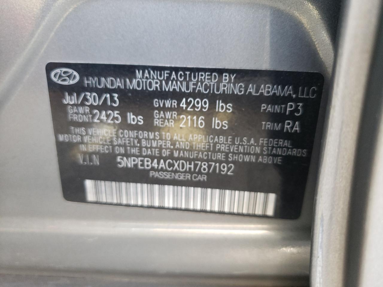 Photo 10 from auction – 2013 HYUNDAI SONATA GLS with VIN 5NPEB4ACXDH787192