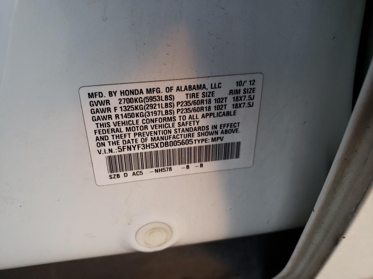 Photo 10 from auction – 2013 HONDA PILOT EXL with VIN 5FNYF3H5XDB005605