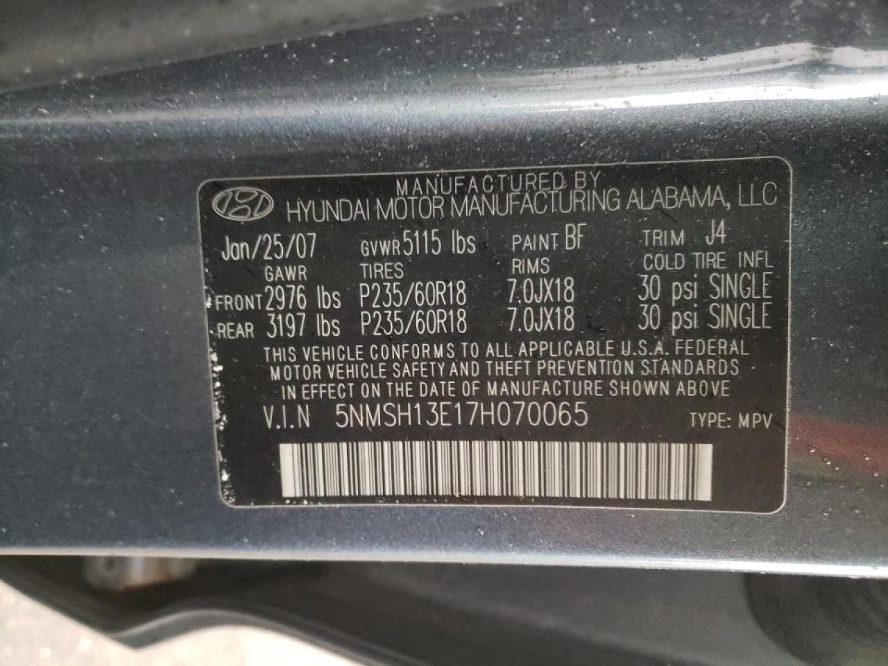 Photo 10 from auction – 2007 HYUNDAI SANTA FE S with VIN 5NMSH13E17H070065
