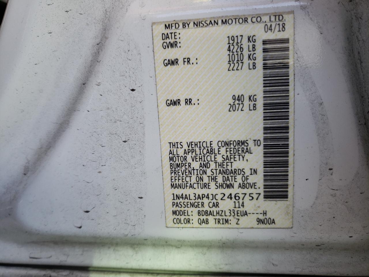 Photo 10 from auction – 2018 NISSAN ALTIMA 2.5 with VIN 1N4AL3AP4JC246757