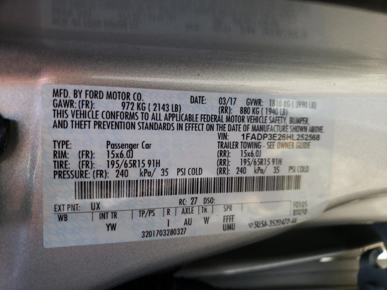 Photo 10 from auction – 2017 FORD FOCUS S with VIN 1FADP3E26HL252568