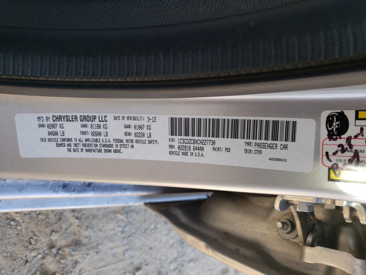 Photo 10 from auction – 2012 DODGE AVENGER SX with VIN 1C3CDZCBXCN227730