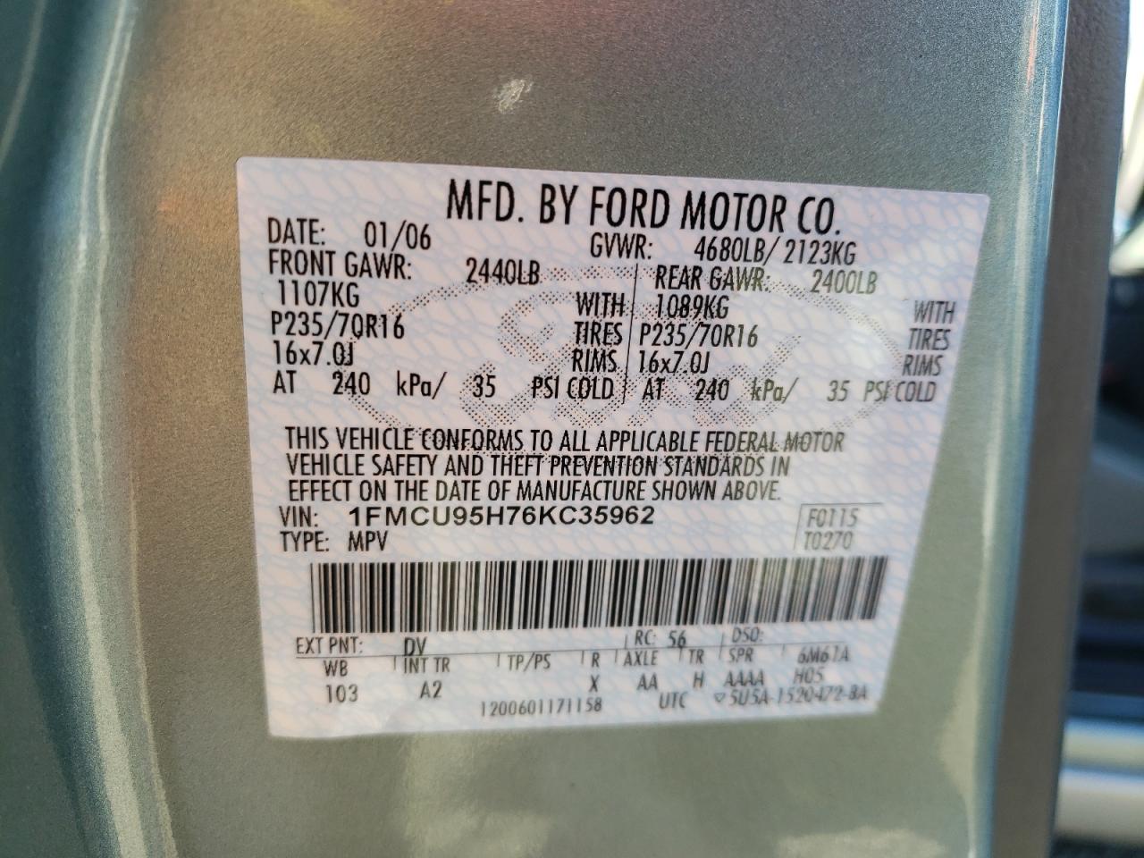 Photo 10 from auction – 2006 FORD ESCAPE HEV with VIN 1FMCU95H76KC35962